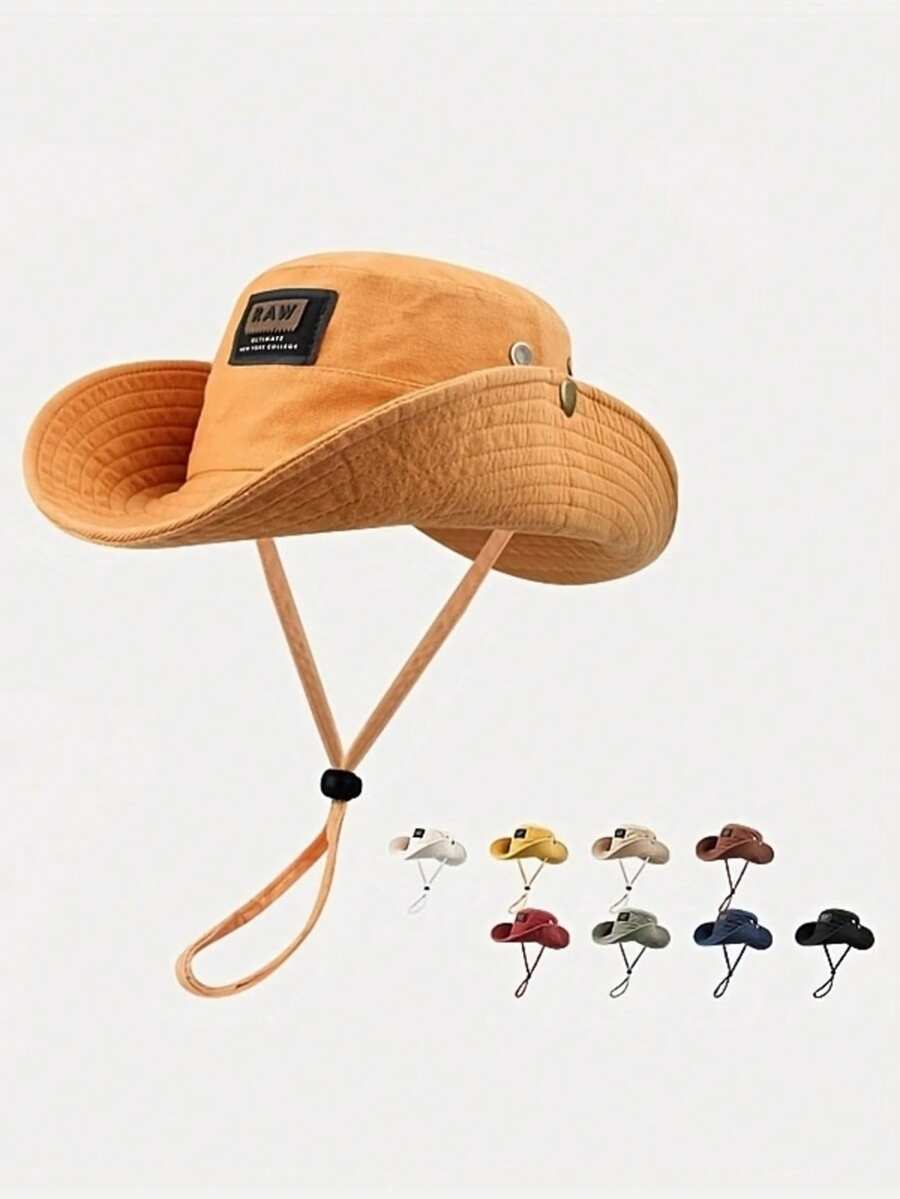 水洗西部牛仔帽，女士抽绳双层厚帽檐遮阳帽，户外钓鱼徒步帽 - 彩色 - 查看 1