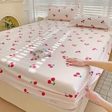 [Cherry Print | Soft] Soft And Breathable 1pc Cherry Print Fitted Sheet | 100% Polyester Brushed Fabric, Comfortable And Light Beige-Friendly, Suitable For Various Scenes, Machine Washable, Can Be Used In All Seasons