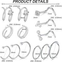 AVYRING Juego de 13 piezas de aretes y pendientes para la nariz - Joyas para perforación nasal de 20G (plata/negro/oro) - Acero inoxidable hipoalergénico, pendientes con CZ, aros dobles, anillos en C