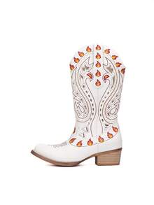 Mid-Calf Hollow Out Retro Cowgirl Boots, Western Style Flame Embroidery - White - View 1