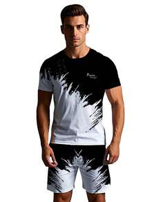 Conjunto De Dos Piezas Para Hombre Compuesto Por Camiseta De Manga Corta Con Estampado De Letras Degradado Y Pantalones cortos con cintura Cortos De Verano - Blanco y Negro - Ver 2