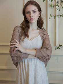 1 件女士新款短款冰丝披肩、空调袖披肩开衫、针织连衣裙罩衫 - 米色 - 查看 12