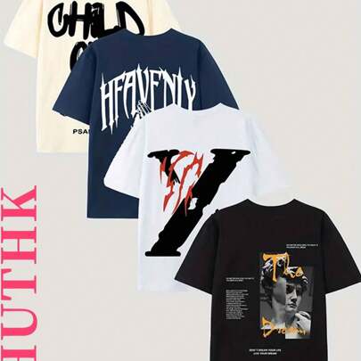 (220 Cotton T-Shirt) 4-Piece Set With Letters' HFAVFNLY 'and Portrait Pattern Print For Men's Summer Round Neck Short Sleeved Casual Cotton Print