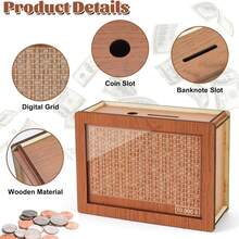Cash Vault Wooden Savings Box, Wooden Money Saving Box, Piggy Bank For Adults, Coin Counter Money Box With Money Target And Numbers With Pen, Brown(10000$) - 10000 Dollar - 查看 6