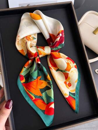 1pc Women's Elegant Retro Printed Thin Satin Scarf, Faux Silk Material, Bohemian Vintage Casual Style, Can Be Used As Scarf, Shawl, Lightweight And Comfortable, Suitable For Spring/Summer Daily Wear And Dress Matching