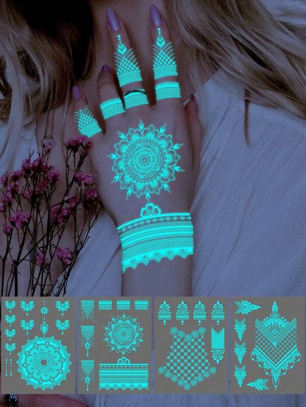 4pcs Blue Glow-In-The-Dark Henna Design, White Mandala Flower Lace Stripe Temporary Tattoo Stickers, Body Art Decoration For Daily, Party, Holiday Gift, Arm, Wrist, Shoulder, Neck, Chest