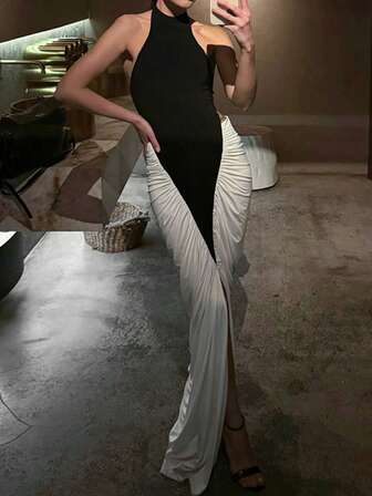 Elegant Black And White Splicing Long Knitted Dress With Backless And High Slit Detail For Women