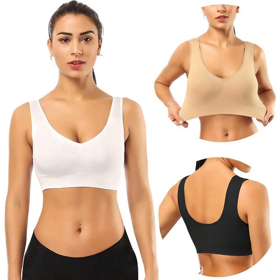 Sports Bras For Women, Seamless Comfortable Yoga Bra With Removable Pads - 03-3 Paket Hitam Nude Putih - View 1
