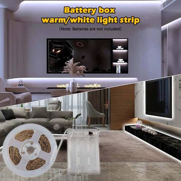 1 tira de luz LED de color blanco cálido, de 1M/2M/3M/5M/10M, alimentada por caja de batería (sin enchufe), voltaje de 5V que se puede cortar, adecuada para iluminación de dormitorio, gabinete, TV (batería no incluida)