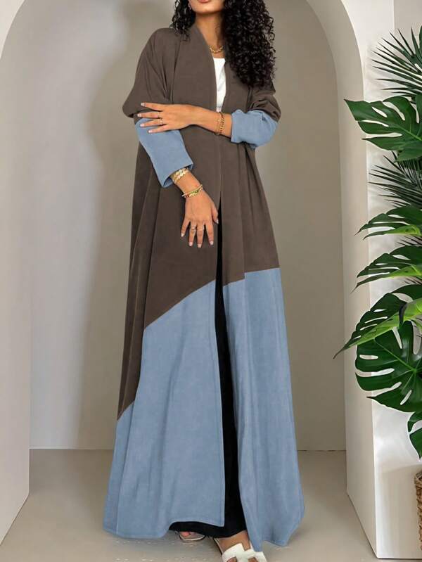 Cappotto ampio lungo con maniche lunghe, effetto colorblock, in stile turco, elasticizzato e modesto, disponibile in taglie comode per donne formose