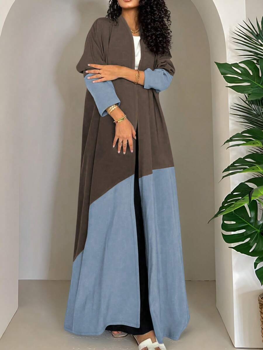 Women's Plus-Size Color Block Splicing Long-Sleeved Loose Turkish Robe Coat Is Elastic., Modest - Blue Brown - View 1