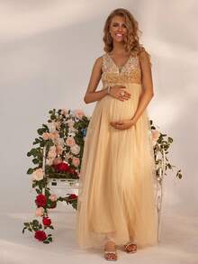 Joyfunear Maternity Sequin Contrast Mesh High Waist Sleeveless Maxi Dress - Gold - View 3