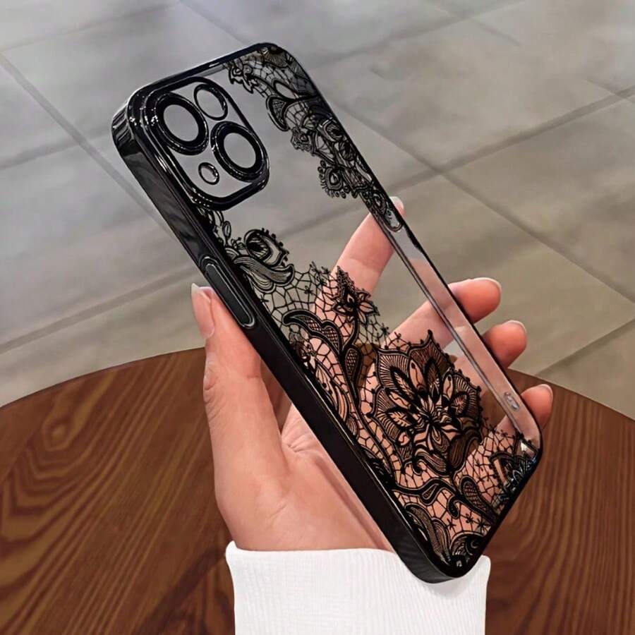 Phone Case - High-Quality Silicone Clear Soft Case Cover With Lace Pattern For Iphone 15 Pro Max, Iphone 14 Pro Max, Iphone 16 Pro Max, Iphone 16 Plus - Compatible With Iphone 13 Pro Max, 14 Pro, 15 Plus, 16 Pro,11, 12, XS/X ,XSMAX Electroplated Silicone Phone Case, High-End Fashion - 黑色 - 查看 1