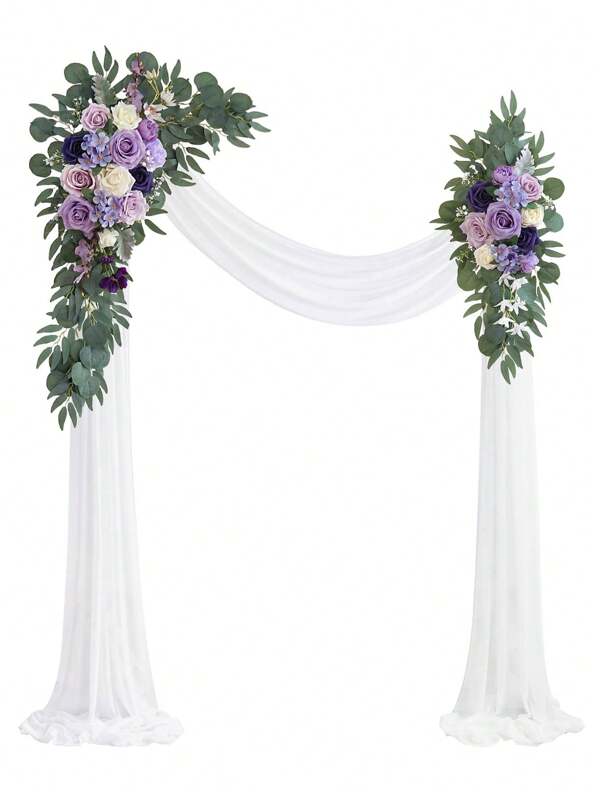 2 Stücke Hochzeitsbogen Blumen - Künstliche lila Hochzeitsblumen für den Bogen, 6m weißer glänzender Bogen Drapier-Stoff für Zeremonie & Empfang, Baby-Shower Dekorationen, Geburtstags- und Abschlussfeier Dekorationen, Garten-Party Dekorationen (Flieder & Creme)
