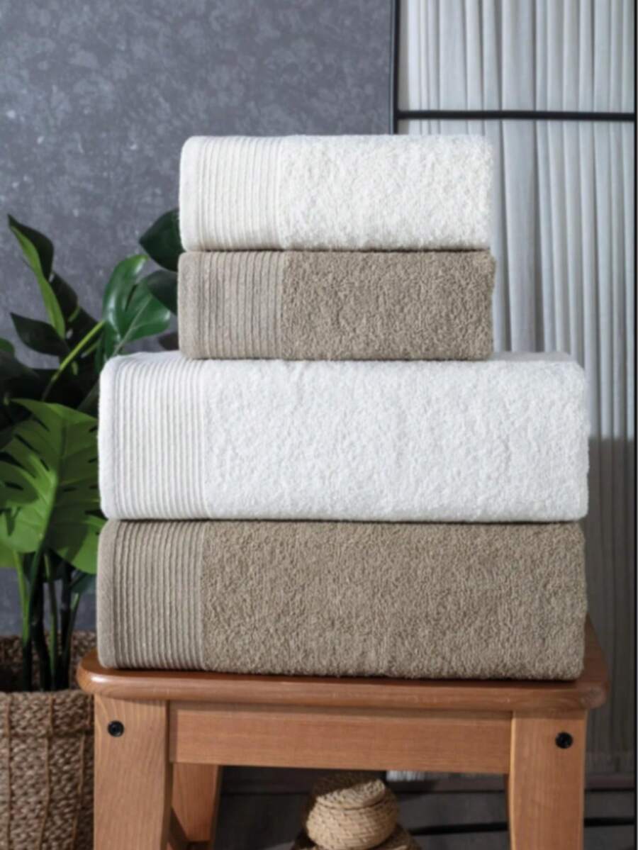 土耳其制造 - Güvenal Gala 4件套奢华浴巾套装 | 70x140 厘米 | 100% 纯棉 | 土耳其浴室、水疗和新娘使用 | 格外柔软且吸水 - 米色 - 查看 1