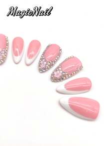 10 Pieces Of Pure Hand-Pressed Wearing Nails, 25mm Long Nail Pieces, Flesh Pink And White Contrasting Colors, Some Nail Pieces Are Covered With Glitter Diamond 3D Pink Flowers. Spring And Summer Style, Cute Nail Plate, Can Be Reused. It Is Suitable For Daily Leisure Vacations, And It Is Worn When Participating In Dances, Banquets, Parties, Shows And Other Activities.