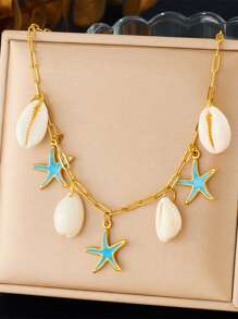 1 Set süße Cartoon Tropfenöl blau Seestern Anhänger Muschel Edelstahl Kette Schmuckset Ohrringe Halskette