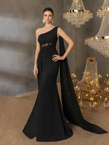 Faeriesty Elegant One-Shoulder Evening Gown With Fishbone Structured Slimming Silhouette & Floor-Length Skirt - Perfect For Luxury Weddings, Red Carpet Appearances, Art Gallery Dinners, And Executive Business Dinners - Black - View 6