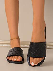 Sandalias planas informales con aplicación de pespunte a cuadros para mujer de talla grande - Negro - Ver 5