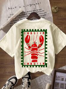 تي شيرت نسائي كاجوال بياقة طاقم وأكمام قصيرة مطبوع عليه رسم سرطان البحر، للخروج الصيفي