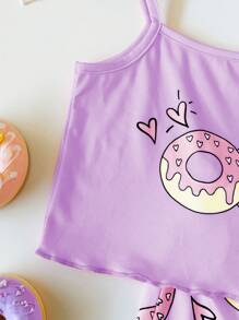 Chatreadl Hermoso conjunto de 2 piezas para niña con estampado de rosquillas: top tipo chaleco rosa refrescante y shorts a la cintura, adecuado para primavera, verano y otoño