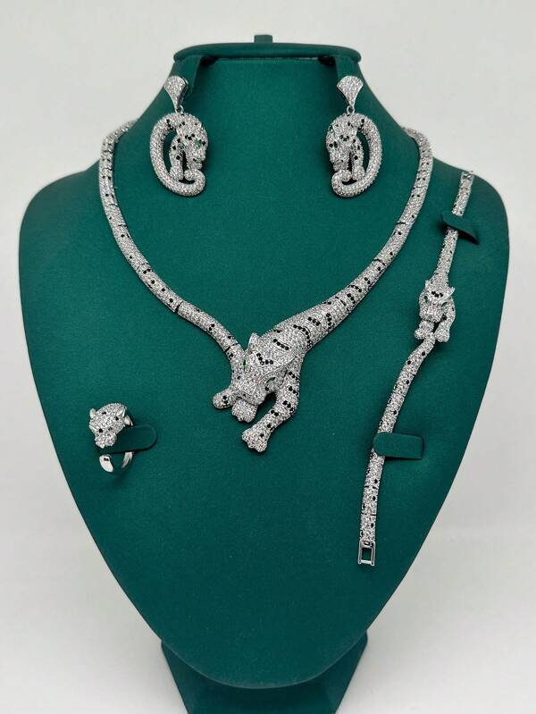 Middle East Exports Luxury Necklace, Earrings, Ring, Bracelet Jewelry Set. Cubic Zirconia Leopard & Leaf Design Jewelry Set. Women's Party, Evening, Bridal Jewelry Set. Valentine's Day Gift