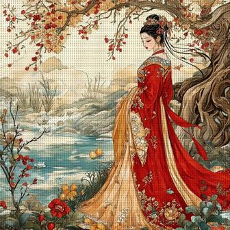 Set de ZUOANLF 1 [30 * 30 cm/11.8 * 11.8 pulgadas] [40 * 40 cm/15.7 * 15.7 pulgadas] Conjunto de bordado de punto de cruz sin marco impreso de 11CT/14CT, con patrones de mujeres con trajes rojos antiguos, adecuado para adultos y principiantes para relajarse, incluye tela impresa, agujas, hilos, dibujos e instrucciones. Obras de arte hechas a mano, decoraciones de pared para el hogar, regalos