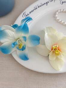 2 件装新款多色人造兰花蝴蝶兰花树脂婚礼发夹清新简约花朵手工节日头饰女士爪夹发夹发夹，发夹 - 彩色 - 查看 8