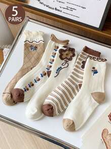 5 Pares (Cores/Padrões Aleatórios) Meias de Bezerro para Mulheres no Estilo Countryside com Desenho de Gato, Coelho Azul e Flor, Fofas e Confortáveis, Novos Estilos