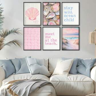 Set de 6 piezas de arte de pared rosa para niñas | Impresiones enmarcadas de estilo costero con motivos de conchas y ostras + Citas "Stay Wild Ocean Child" | Decoración estética de cuarto para nieta, dormitorio | Sin marco