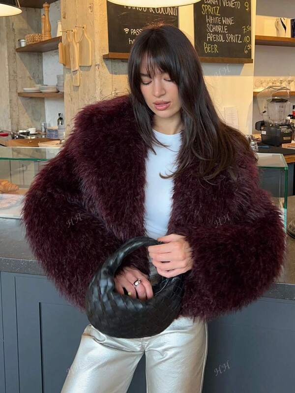 Femei moda crop faux blană jachetă haină mânecă lungă față cu nasturi Snap-up femeie îmbrăcăminte de exterior chic rever guler gros haină