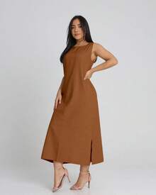 Women's Linen Midi Dress With Pockets Plain Wide Straps Elegant - 駝色 - 查看 3