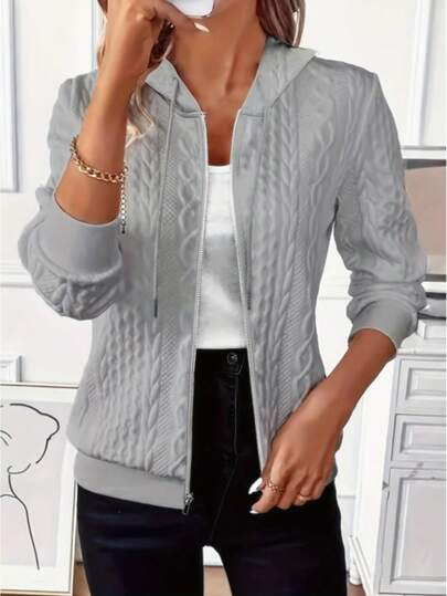 Chaqueta con capucha de cremallera de unicolor casual para mujer, abrigo de manga larga de otoño/invierno con detalles texturizados, sudadera con capucha casual | Chaqueta con cremallera de moda | Chaqueta con detalles texturizados