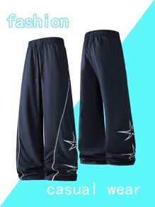 Pantalones deportivos casuales de unicolor para hombres, pantalones de chándal rectos y sueltos con cintura elástica con cordón, diseño bordado, aptos para uso diario