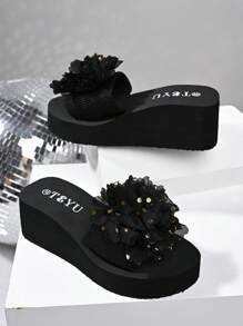 Sandalias de plataforma impermeables con cuña y comodidad para mujer, nuevas sandalias de verano casuales para la playa con decoración de lazo, chanclas negras para exteriores