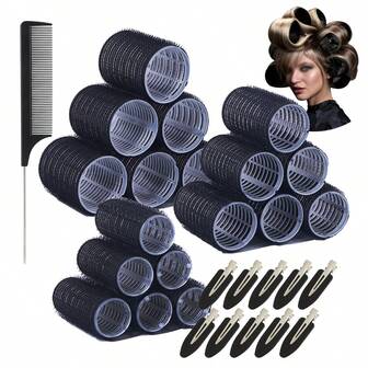 29pcs Heatless Hair Curlers Set With 18pcs Self-Grip Hair Curlers, 10pcs Hair Clips And 1pc Hair Salon Comb For Stylish Curls And Waves,Hair,Travel,Hair Products,Hair Tools,Hair Stuff,Barber,Barber Accessories,Barbershop,Hairdressing Equipment