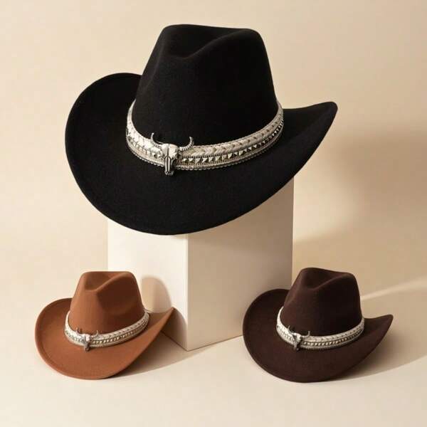 1 Sombrero de vaquero tipo occidental de mujer de poliéster, sombrero de estilo vintage unisex, decoración circular plateada, apto para uso casual diario, fiesta de vaqueros occidentales, sombrero de vaquero (talla única)