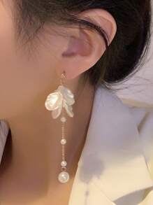 Brincos De Corrente Pérola Falsa Floral Estilo Coreano Com Pingente, Acessórios De Orelha Elegantes E Doces Para Meninas