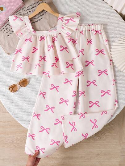 Girls Casual Bow Print Cap Sleeve Crew Neck Double Layer Crop Top And Straight Leg Pants Set, Summer