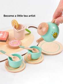 1 Set de té de madera para niños pequeños de 3+ años - Juguete de postre de Set simulado con tetera y galletas, regalo educativo Montessori para Sets de roles, juguete imaginativo para fiesta de cumpleaños