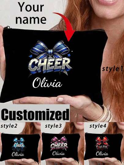 Cheerleader-Themed Makeup Bag - Customizable Cosmetic Pouch With Vibrant Cheerleading Design, Lightweight Travel Organizer, Personalized Name Option, Polyester, Machine Washable, Zip Closure, Ideal Gift For Cheer Team Members, Cheerleading Accessories