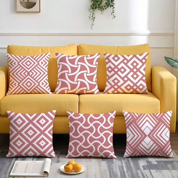6pcs Set Simple Pink & White Abstract Geometric Pattern Cushion Covers, Single-Sided Printed Soft Peach Velvet Material, 45*45CM Pillow Covers For Home Bedroom Living Room Decor, Decorative Cushion Gifts
