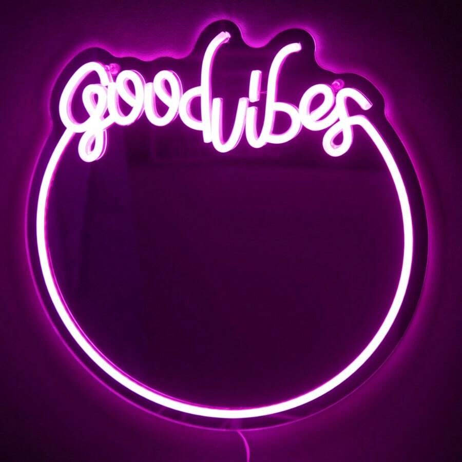 Good Vibes LED Neon Pink Rimmed Wall Mirror USB Powered 11.81" X 11.81" Easy To Hang Fully Assembled - asPic - View 1