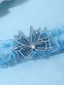 1pc Blue Lace Elastic Leg Garter, Elegant Butterfly & Faux Pearl Thigh Chain, Bridal Wedding Leg Strap