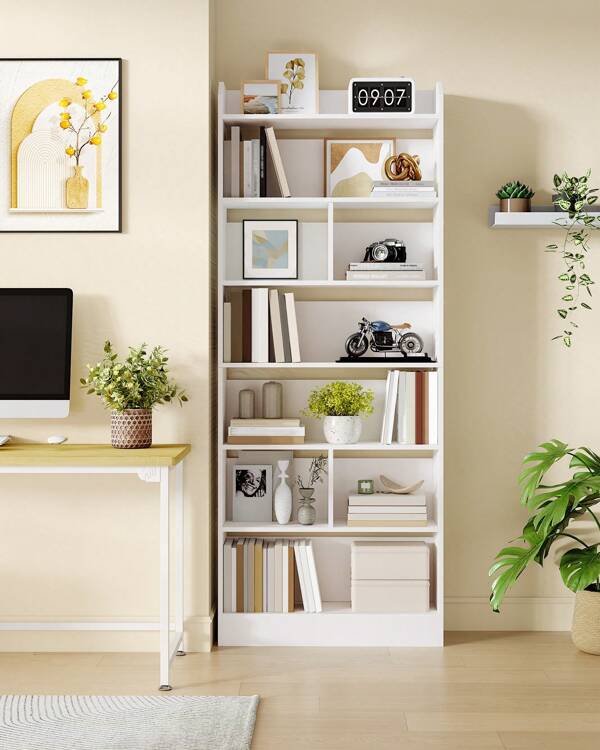 Hzuaneri Bücherschrank, Bücherregal, mit 7 Fächern, Aufbewahrungsregal, Standregal, für Wohnzimmer, Büro, Schlafzimmer, 24 x 60 x 199,2 cm, Weiß