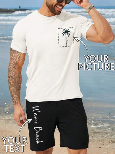 Conjunto personalizable de 2 piezas para hombres, verano/otoño, camiseta blanca y pantalones cortos negros, casual, corte holgado, sube tu propia foto (amante, novio, novia, mascota, grupo), agrega tu propio texto (nombre, lema, texto divertido, bendiciones), adecuado para uniformes de empresa, Día de la Independencia, cumpleaños, aniversario, regalo festivo para él