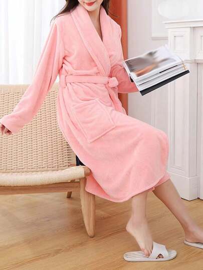 1pc Thick Comfy Home Sleepwear Robe, Sweet Bear Plaid Pattern, Loose Fit Casual Mid-Length Housecoat, V-Neck Long Sleeve With Pockets, Women Loungewear Bathrobe