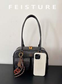 Borsa a spalla retrò da donna in pelle PU di colore tinta unita, con più tasche, grande capacità, con charm accessorio rimovibile