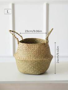 1 pieza Cesta grande de planta tejida a mano con borlas blancas, cesta de almacenamiento de paja natural de mar plegable, versátil, maceta de flores y plantas, macetero de jardín, contenedor de plantas de paja trenzada, decoración de mesa, ventana y piso para interiores y exteriores del hogar