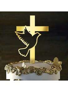 3 piezas/6 piezas Decoración de tarta de acrílico con paz, Adorno dorado de cruz para bautizo y amor, Suministros para decoración de tartas